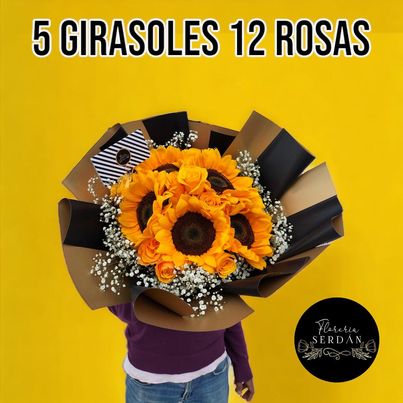 Ramo de 12 rosas con 5 girasoles