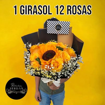 Ramo de 12 rosas con 1 girasol
